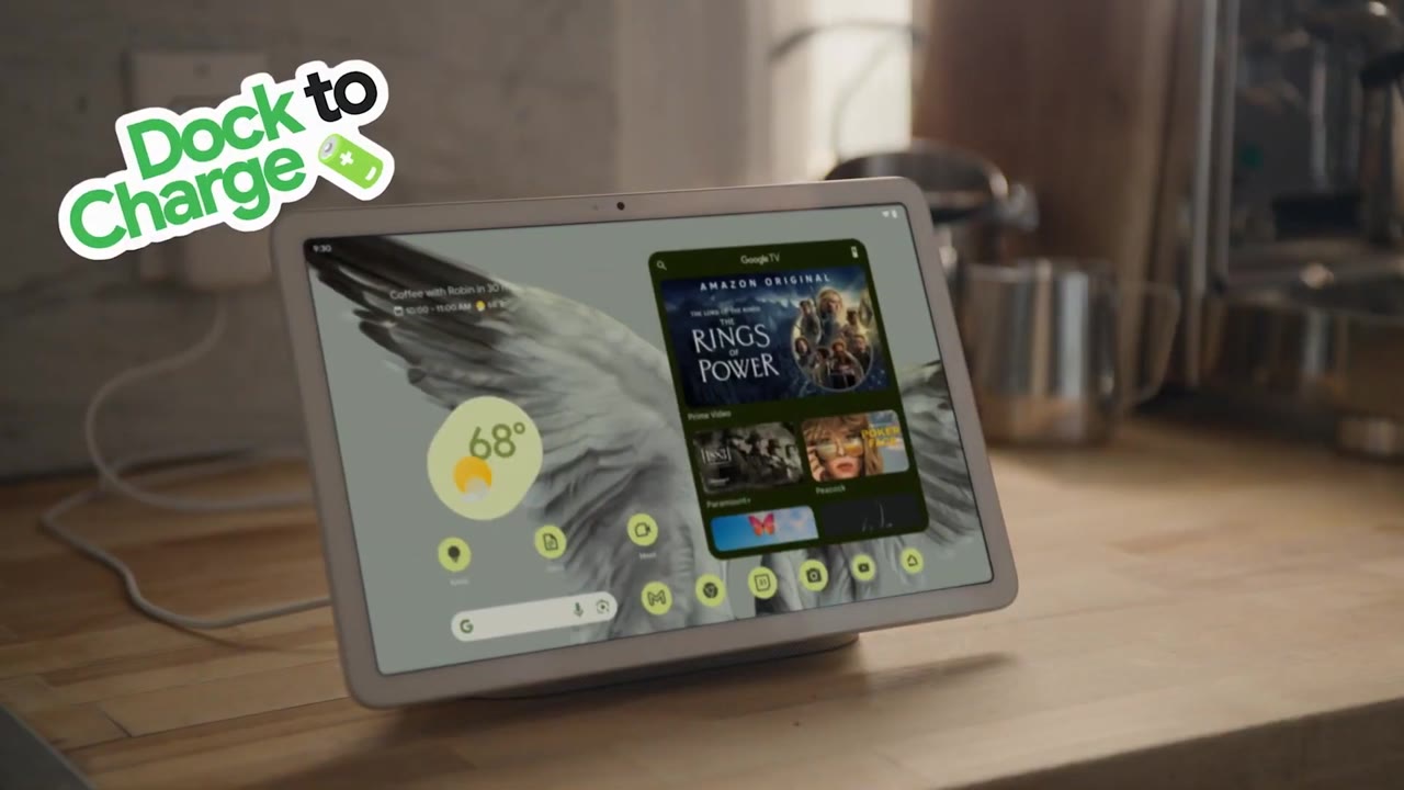 A Google Pixel Tablet on its charging dock